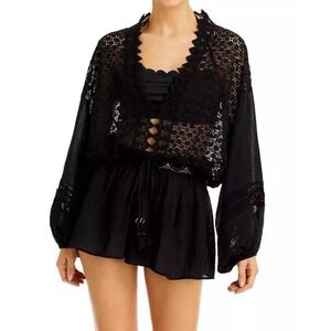 Ramy Brook Hilary Romper‎ Crochet Blouson Sleeves Drawstring XS New With Defect